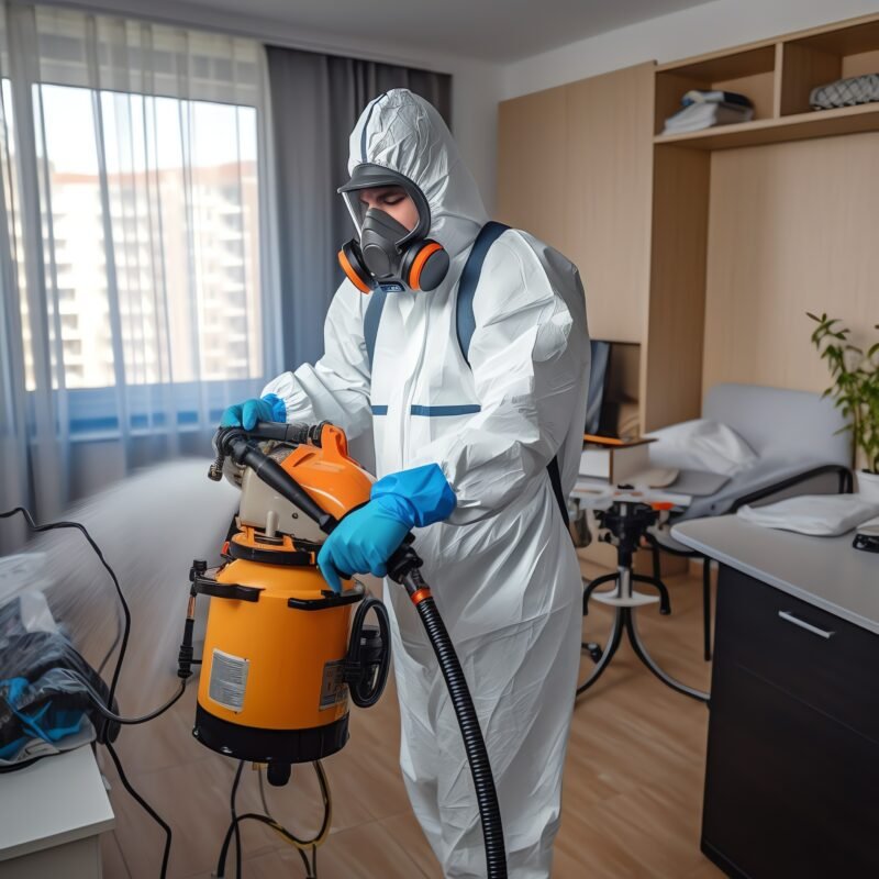 health workers hazmat suit clothes gas mask spraying disinfectant liquid pesticide virus