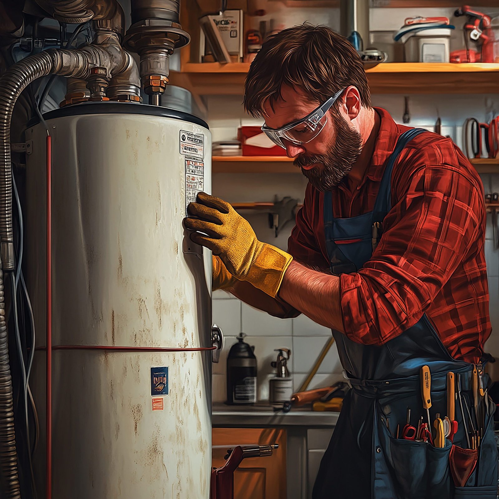 plumber inspecting water heater