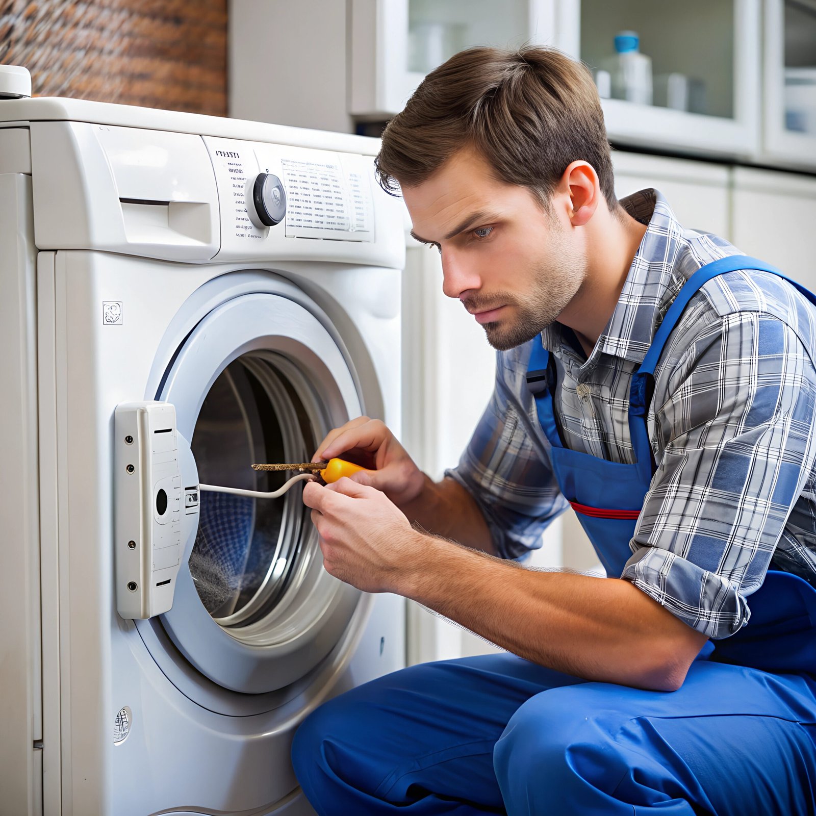 technician checking settings washing machines control panel