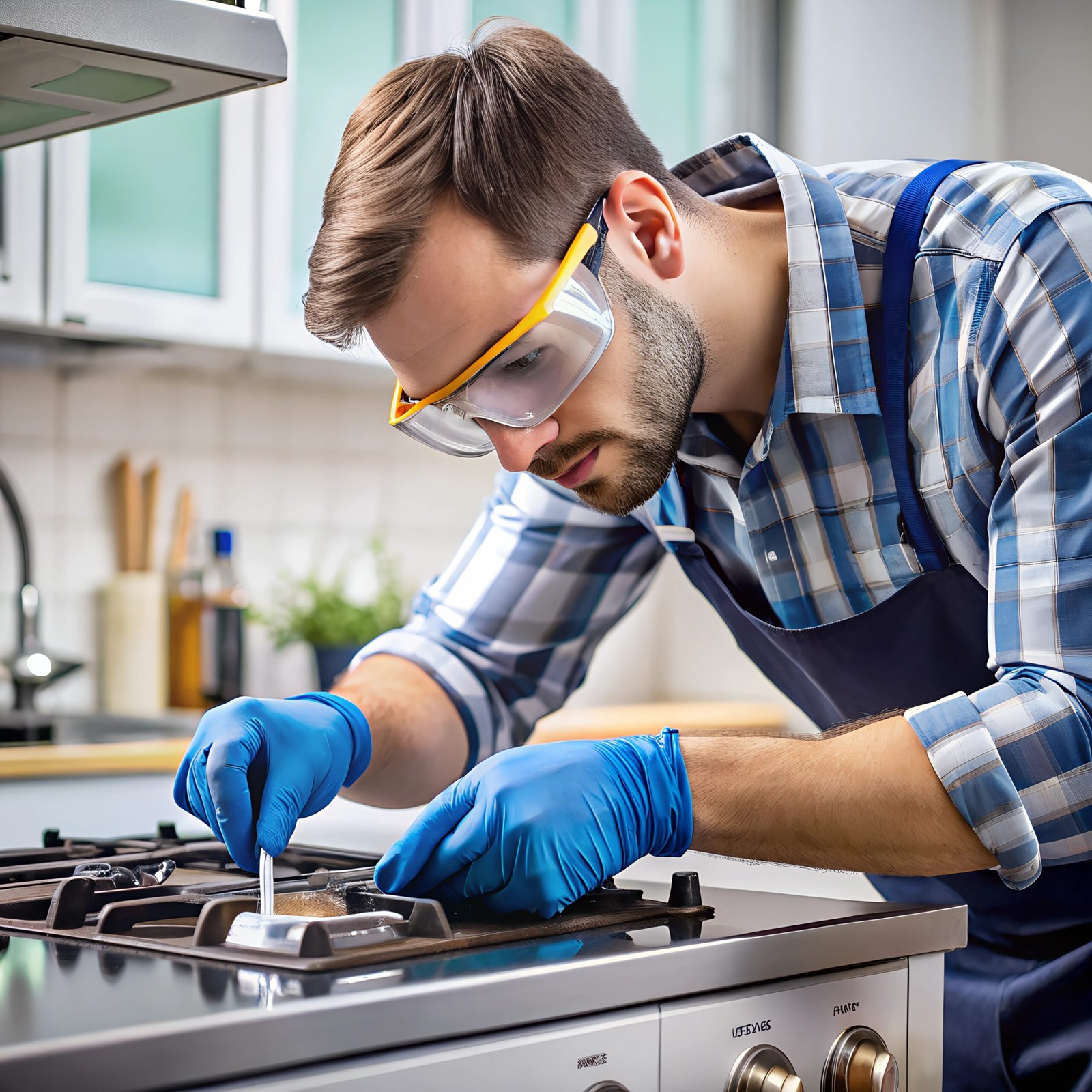 technician wearing gloves safety glasses working stove